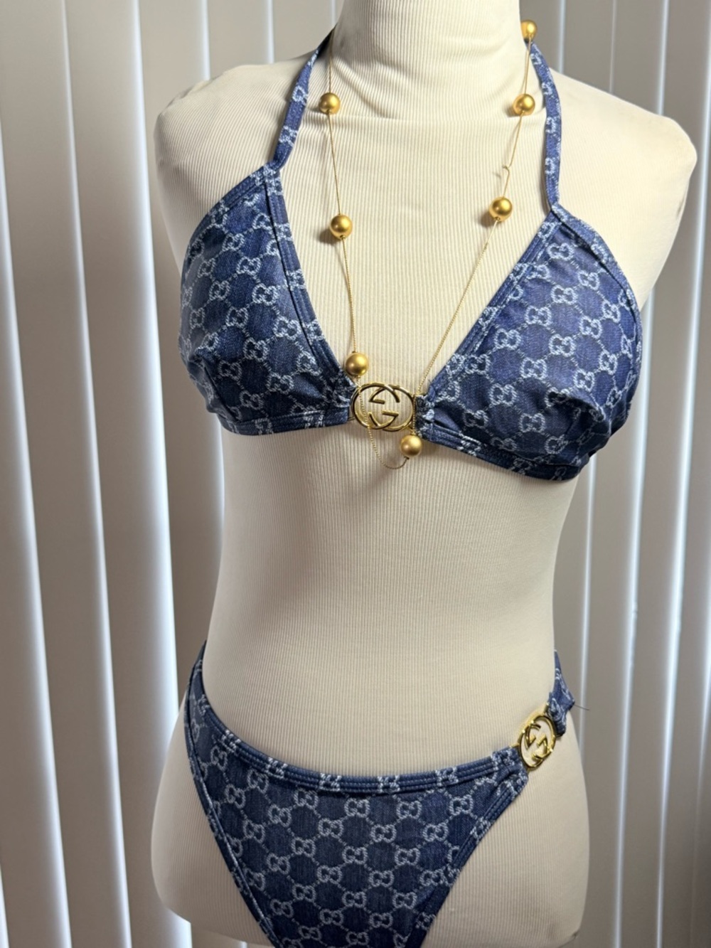 Gucci Blue Monogram Triangle Bikini with Gold Hardware - Picture 6 of 6